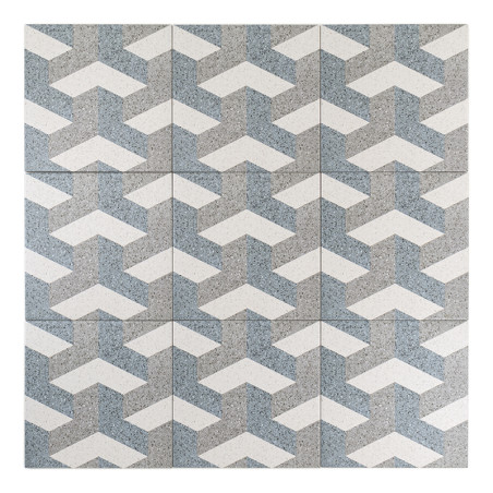 Neun quadratische Fliesen zeigen ein ineinandergreifendes Muster aus hellgrauen und weißen Chevrons, die auf einer glatten Oberf