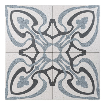 Tile features abstract, floral-like black and gray patterns against a speckled beige background, creating a flowing, decorative 