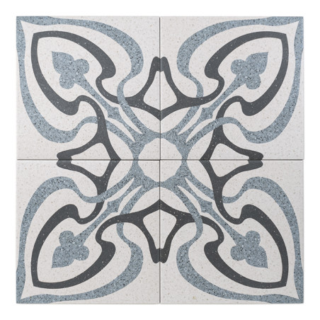 Un motif symétrique présente des lignes noires et grises tourbillonnantes et entrelacées formant des formes organiques ressembla