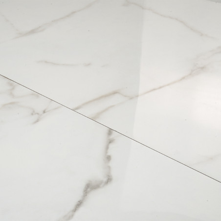 Witte marmeren tegels met subtiele grijze nerven creëren een glad, gepolijst oppervlak dat licht reflecteert in een minimalistis