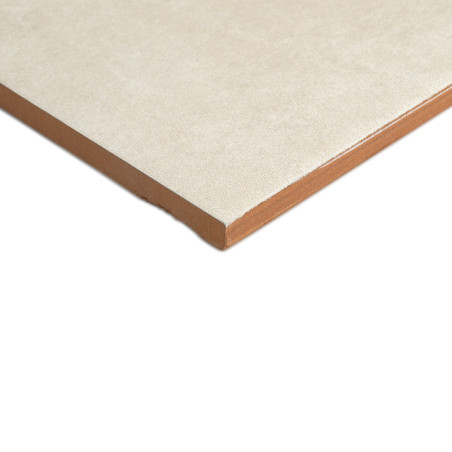 Een gladde, gebroken witte keramische tegel ligt op een vlakke ondergrond, met een zichtbare roodbruine rand, wat een hoekperspe