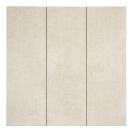 Een lichtbeige tegel is verdeeld in drie verticale rechthoekige delen, waardoor een minimalistische en moderne uitstraling ontst