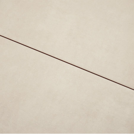 Beige tegeloppervlakken liggen aangrenzend, gescheiden door een smalle, donkere voeglijn, en vormen een strak, minimalistisch ge