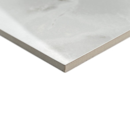 Un azulejo liso y rectangular se asienta en ángulo, revelando una superficie similar al mármol. El diseño limpio sugiere idoneid