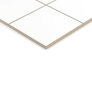 A white ceramic tile with light brown edges, featuring grid lines dividing it into squares, rests against a plain, white backgro