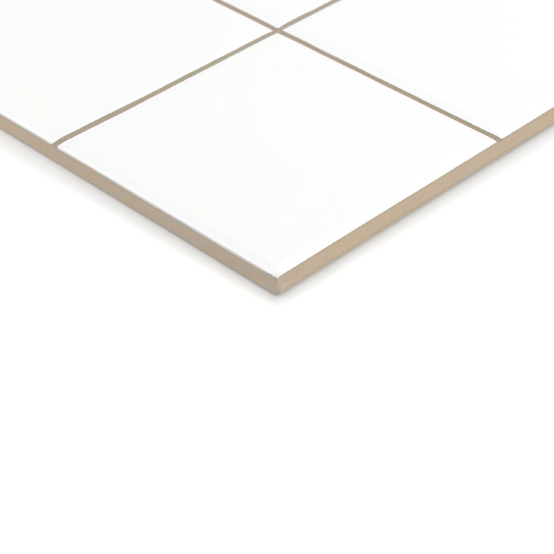 A white ceramic tile with light brown edges, featuring grid lines dividing it into squares, rests against a plain, white backgro