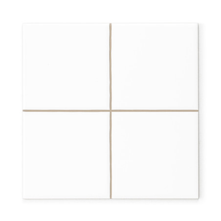 A white ceramic tile divided into four equal squares by thin beige grout lines, creating a simple and minimalist design.