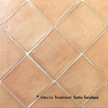 Carreaux en terre cuite disposés en losange, présentant une finition satinée. Le texte lit : `*Traitement intérieur. Finition sa