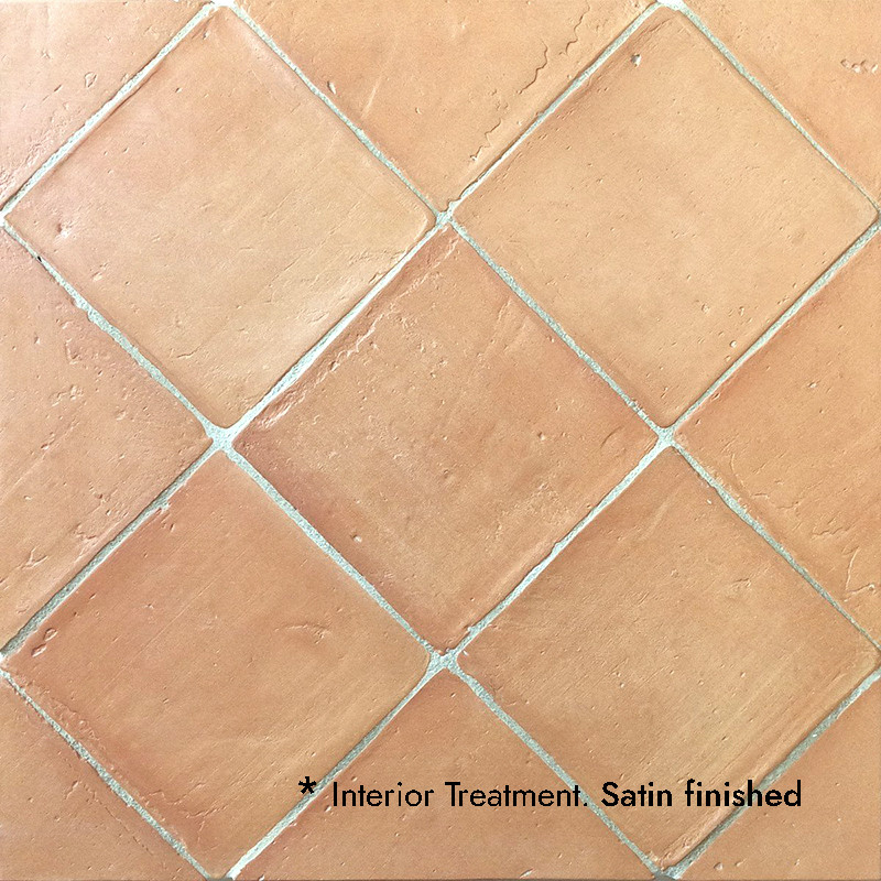 Carreaux en terre cuite disposés en losange, présentant une finition satinée. Le texte lit : `*Traitement intérieur. Finition sa