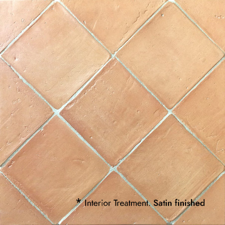 Carreaux en terre cuite disposés en losange, présentant une finition satinée. Le texte lit : `*Traitement intérieur. Finition sa
