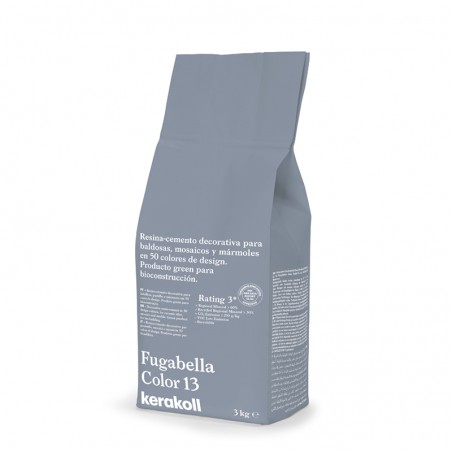 A bolsa exibe `Fugabella Color 13,` um cimento-resina decorativo. O texto em espanhol enfatiza o uso ecológico da construção. Co A bolsa exibe `Fugabella Color 13,` um cimento-resina decorativo. O texto em espanhol enfatiza o uso ecológico da construção. Co