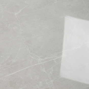 Un carreau de marbre lisse gris clair présente des motifs blancs ressemblant à des veines sillonnant sa surface. Un léger reflet