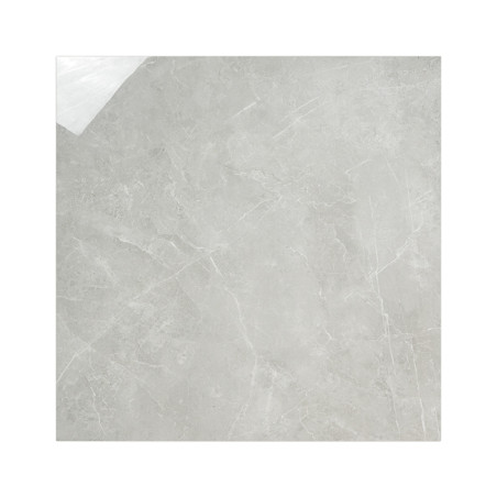 Un azulejo cerámico cuadrado de color gris claro con sutiles vetas blancas que imita la textura del mármol, creando un acabado r