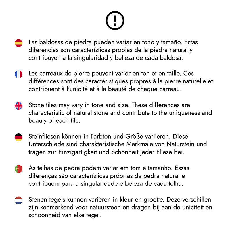Un símbolo de advertencia encima del texto multilingüe explica las variaciones de tono y tamaño de Los azulejos de piedra natura