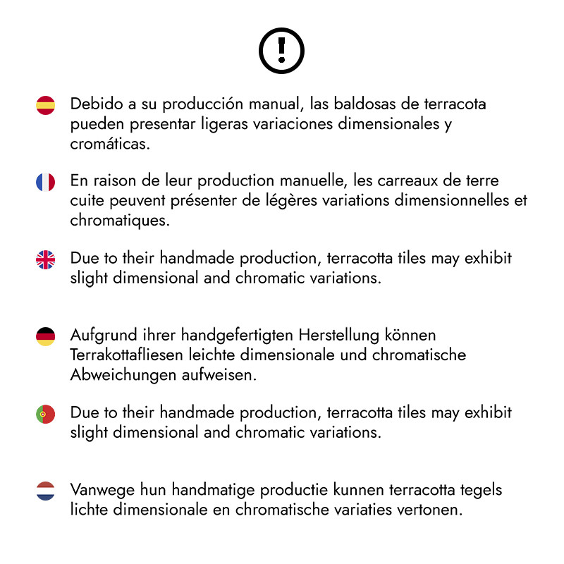 Auf dem Bild ist ein Hinweis zu sehen, der darauf hinweist, dass Terrakottafliesen aufgrund der handgefertigten Herstellung geri