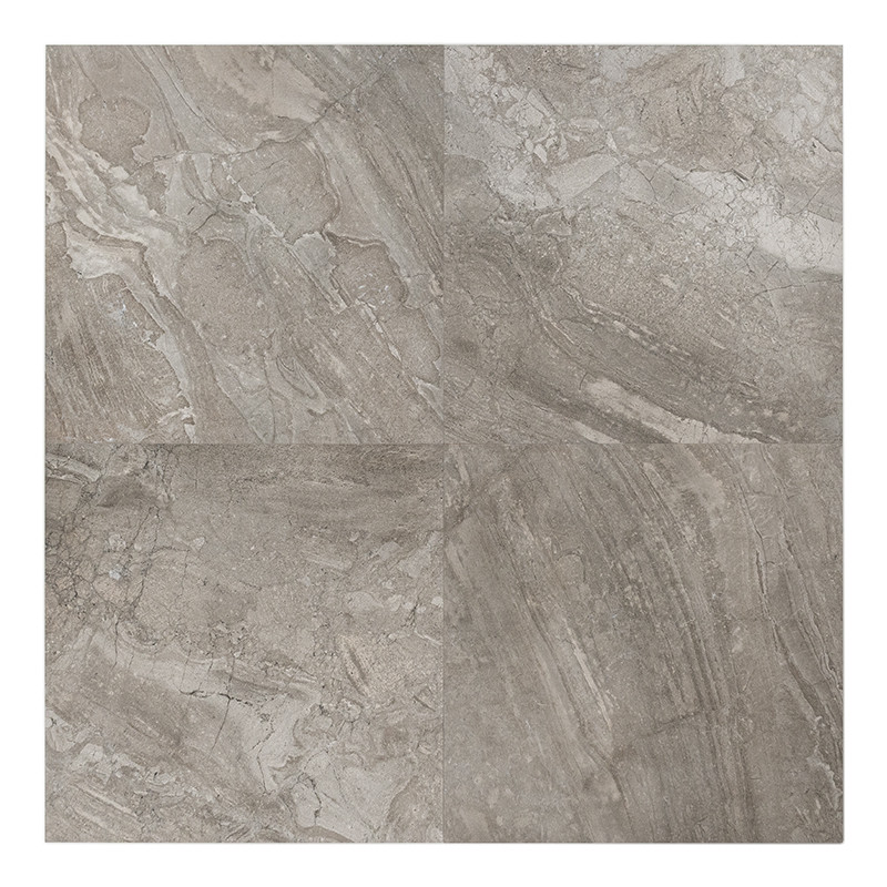 Un azulejo cuadrado muestra patrones arremolinados similares a piedras naturales en tonos beige y gris, evocando un ambiente rús