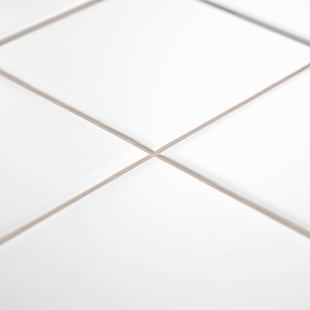 White ceramic tiles with a glossy finish form a grid pattern, joined by thin grout lines, in a bright, clean environment.