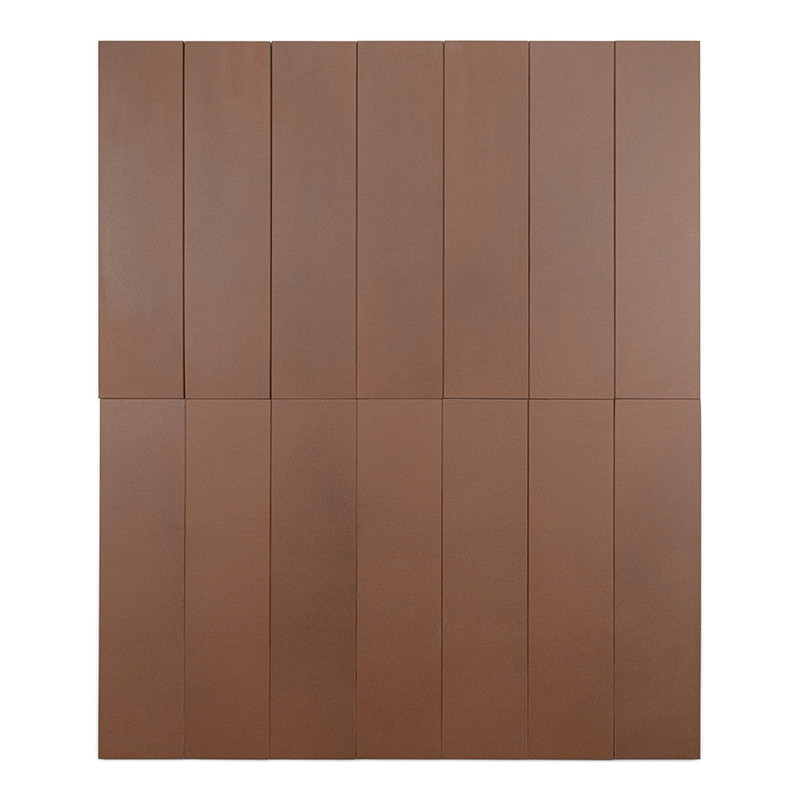 A grid of rectangular tiles, each a uniform brown color, aligned in vertical rows with subtle lines separating them, creates a m
