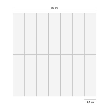 Un azulejo blanco cuadrado que presenta una cuadrícula de nueve rectángulos delineados con finas líneas grises, que miden 20 cm 