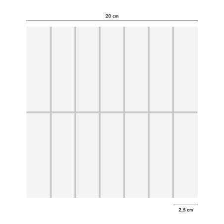 A white, square tile with a grid pattern, featuring vertical and horizontal lines. Text: `20 cm` on the top edge, `2.5 cm` on th