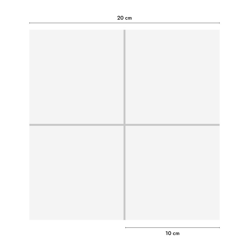 Un carreau simple et carré avec des lignes qui se croisent le divise en quatre sections égales. Dimensions étiquetées : 20 cm, 1