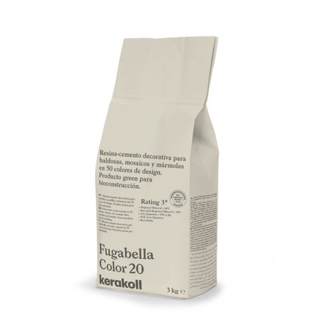 Saco com a etiqueta `Fugabella Color 20` em pé, promovendo cimento-resina decorativo para bioconstrução, 3 kg, da Kerakoll. Saco com a etiqueta `Fugabella Color 20` em pé, promovendo cimento-resina decorativo para bioconstrução, 3 kg, da Kerakoll.