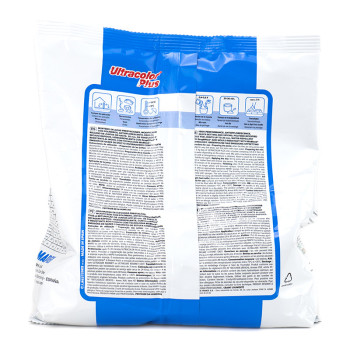 The bag of `Ultracolor Plus` displays text and icons, indicating instructions and usage guidelines on a white and blue backgroun