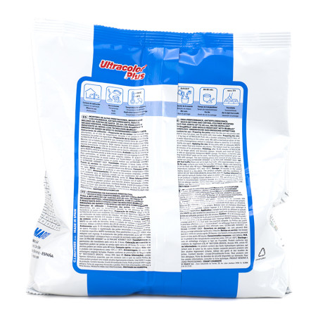 Bag displaying `Ultracolor Plus,` blue and white design, detailed instructions, and icons showing application steps, against pla Bag displaying `Ultracolor Plus,` blue and white design, detailed instructions, and icons showing application steps, against pla