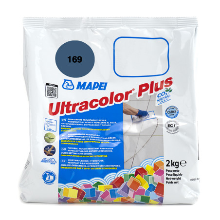 Bag of Mapei Ultracolor Plus grout, showing colored tiles illustration and product details. Text: `169, 2kg, peso netto.` Bag of Mapei Ultracolor Plus grout, showing colored tiles illustration and product details. Text: `169, 2kg, peso netto.`