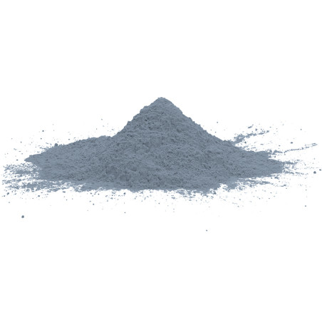 A gray powder forms a small mound, resting against a plain white background. A gray powder forms a small mound, resting against a plain white background.