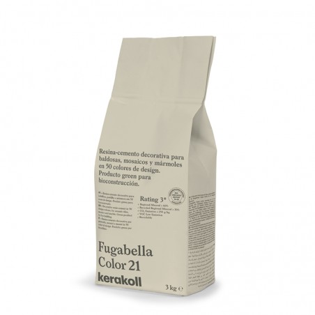 Saco rotulado como `Fugabella Color 21` da Kerakoll contém cimento-resina decorativo, promovendo a bioconstrução ecológica. Peso