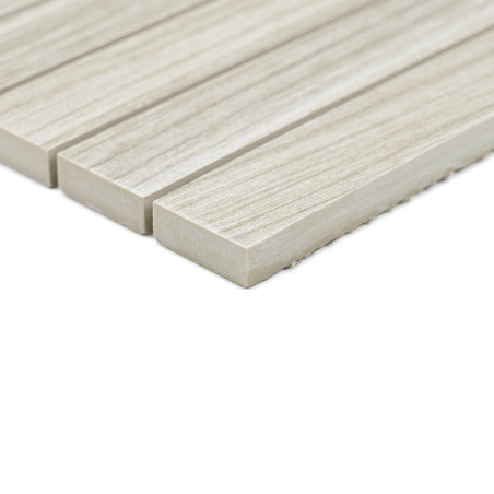Rectangular, beige tiles with a wood-like texture are aligned in rows, creating a seamless design suitable for indoor flooring.