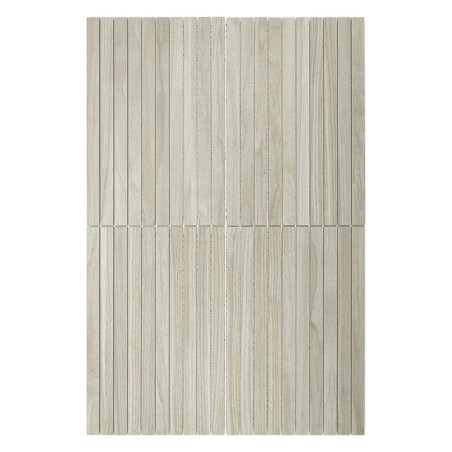 Light wood-textured tiles arranged in a grid pattern, featuring vertical grooves that create a sleek, modern look. The backgroun