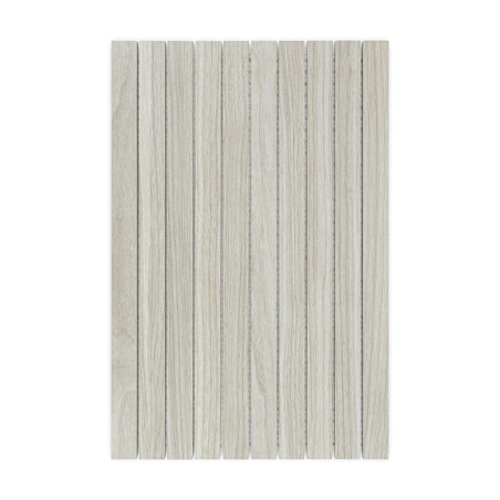 Light beige rectangular tile, featuring narrow vertical slats. The tile mimics a wooden texture, creating a sleek, modern appear