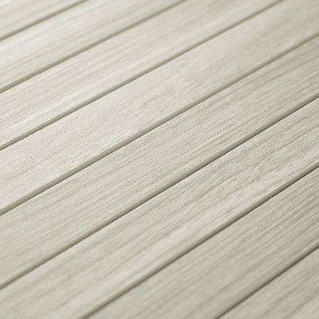 Smooth, beige rectangular tiles arranged linearly, resembling wood planks, creating a uniform, natural pattern suitable for indo