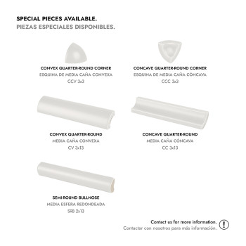 De afbeelding toont verschillende tegelstukken: een convexe kwartronde hoek, concave kwartronde hoek, convexe en concave kwartro