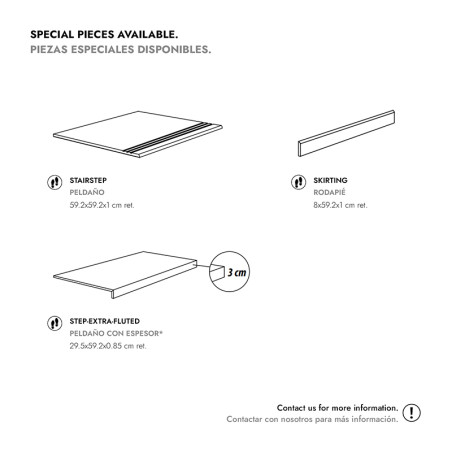 Spezielle Fliesenstücke sind mit Abmessungen dargestellt. Die Treppenstufe ist 59,2 x 59,2 x 1 cm groß, die Sockelleiste ist 8 x