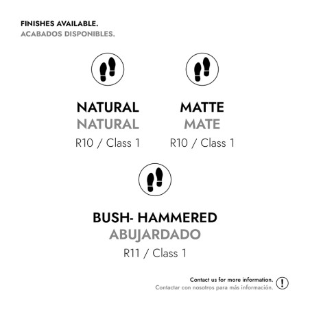 O texto na imagem lista os acabamentos dos ladrilhos: `Acabamentos disponíveis. Acabados Disponíveis. Natural R10/Classe 1, Matt