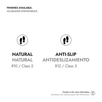 Duas opções de acabamentos de ladrilho: `Natural` (R10 / Classe 2) e `Antiderrapante` (R12 / Classe 3). Informações de contato d