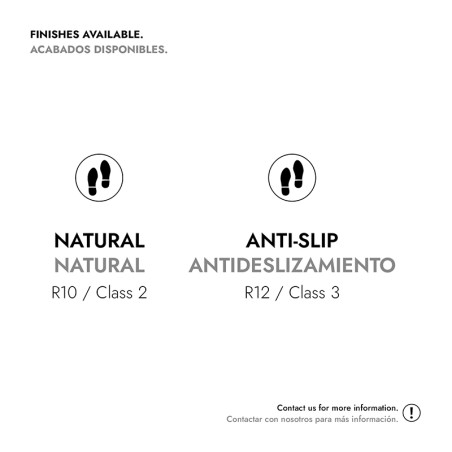 Duas opções de acabamentos de ladrilho: `Natural` (R10 / Classe 2) e `Antiderrapante` (R12 / Classe 3). Informações de contato d