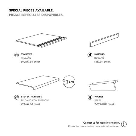 Zu den speziellen Fliesenstücken gehören Treppenstufen (59,2 x 59,2 x 1 cm), Sockelleisten (8 x 59,2 x 1 cm), extra geriffelte S Zu den speziellen Fliesenstücken gehören Treppenstufen (59,2 x 59,2 x 1 cm), Sockelleisten (8 x 59,2 x 1 cm), extra geriffelte S