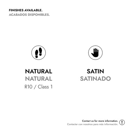 A imagem exibe opções para acabamentos de ladrilhos. À esquerda, as pegadas indicam `NATURAL NATURAL R10 / Classe 1.` À direita,