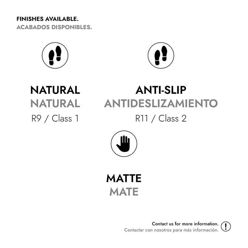 A imagem exibe informações sobre acabamentos de ladrilhos. As opções Natural (R9/Classe 1), Antiderrapante (R11/Classe 2) e Fosc