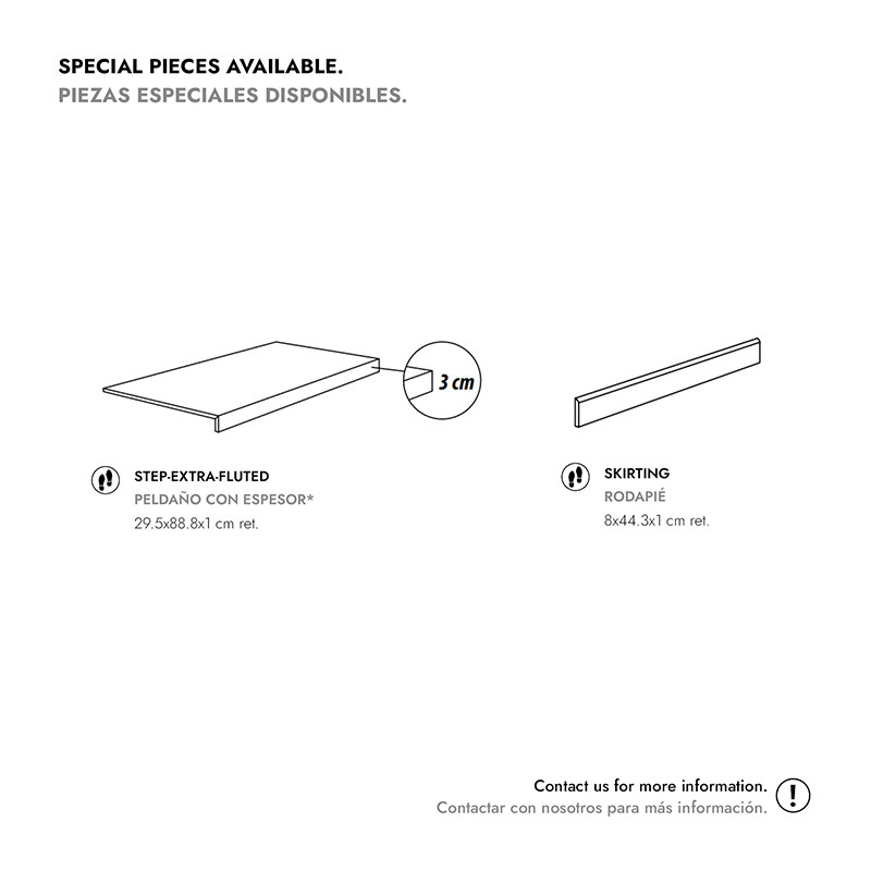 De afbeelding toont twee tegelstukken: `Step-Extra-Fluted`, van 29,5x88,8x1 cm, en `Plint`, van 8x44,3x1 cm. De tekst bevat: `Sp