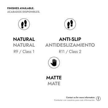 Text auf weißem Hintergrund listet Fliesenoberflächen auf: „Natural, Anti-Slip, Matt“ mit Klassifizierungen, jeweils begleitet v