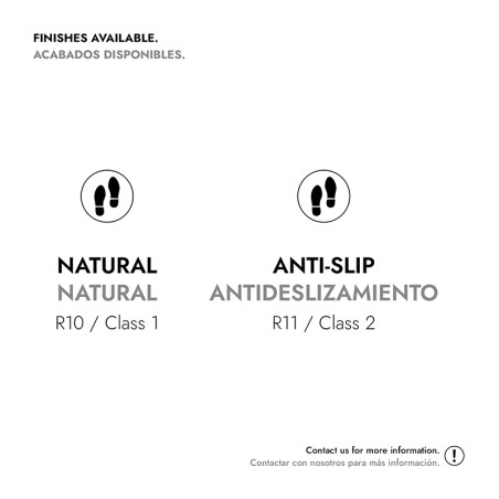 Text zu Fliesenoberflächen: „VERFÜGBARE AUSFÜHRUNGEN. ACABADOS DISPONIBLES. NATURAL, R10/Klasse 1, ANTIDESLIZAMIENTO, R11/Klasse
