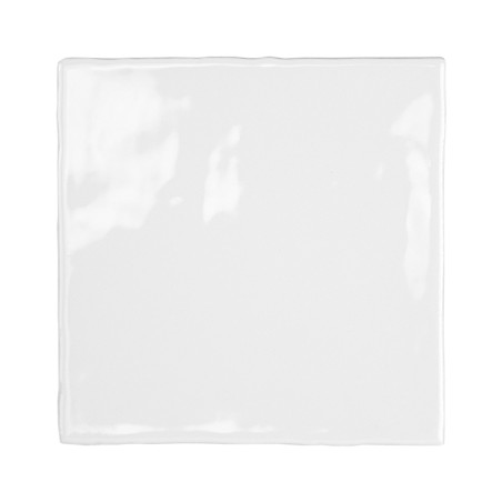 A glossy, square ceramic tile lies flat, reflecting light. It has a smooth, white surface with slightly uneven edges, set agains