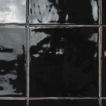 Les carreaux de céramique noirs brillants aux surfaces réfléchissantes présentent des reflets subtils, créant une apparence élég