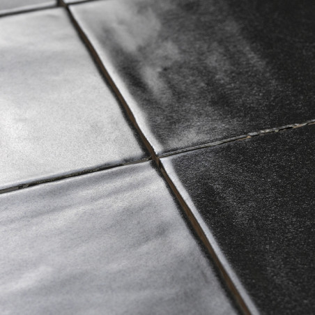 Les carreaux noirs brillants réfléchissent la lumière, créant un éclat subtil. disposés selon un motif en grille avec des lignes