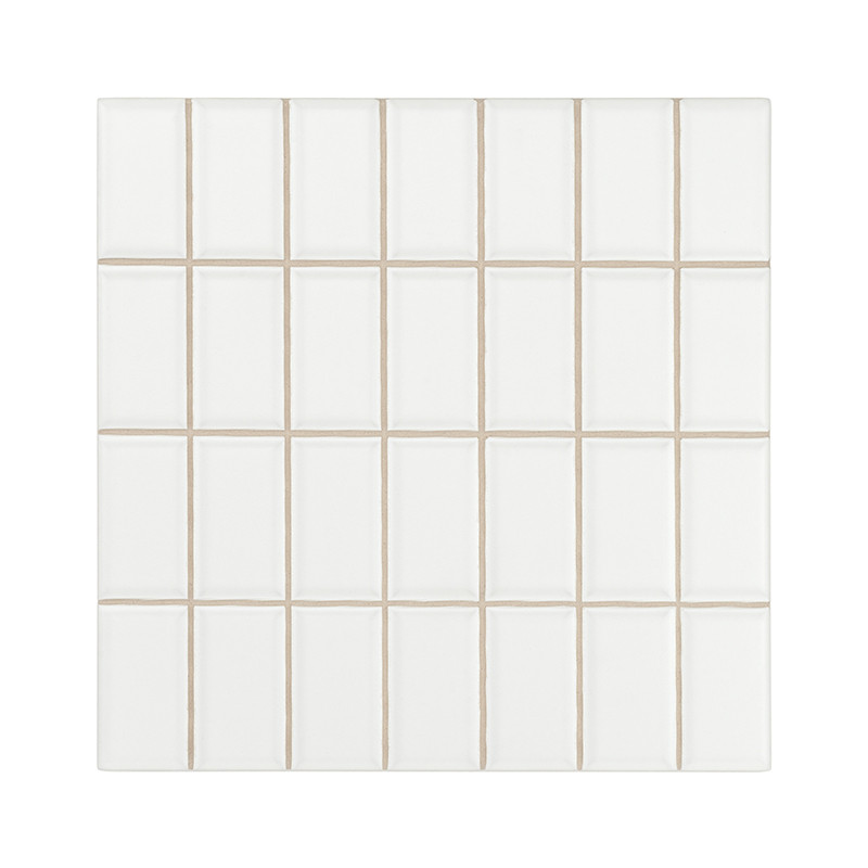 White rectangular tiles form a grid pattern, each separated by thin beige grout lines, creating a clean, minimalist appearance s
